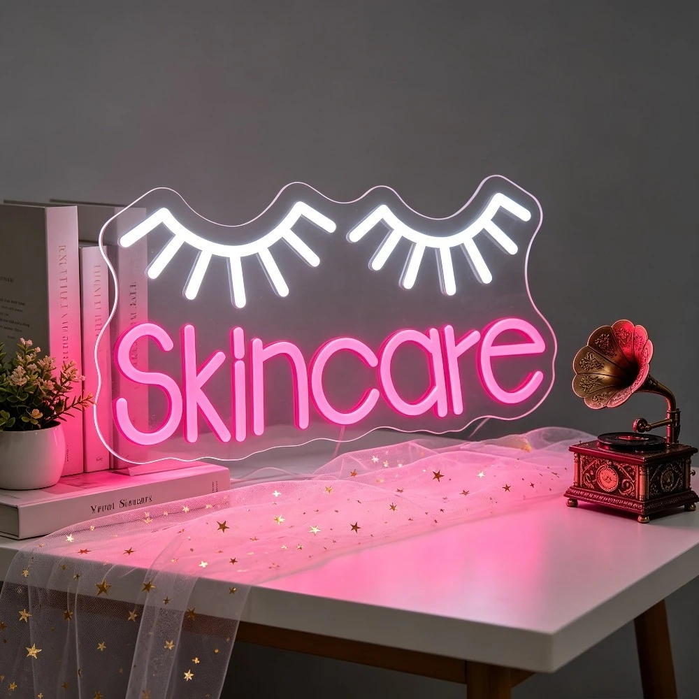 Skincare Eyelash Neon Sign Dimmable USB LED Wall Light for Beauty Salon Makeup Room Bedroom Vanity Table Dorm Glam Corner Decor