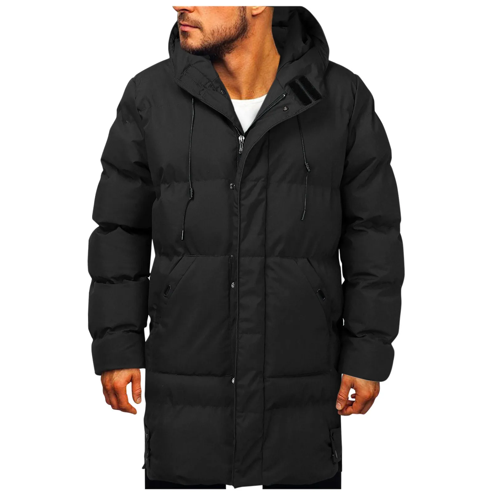 Hooded Winter Down Coat for Men Parkas Thickened Solid Color Padded Cardigan Midi Length Zip Up Men\'s Coat For Daily Wear