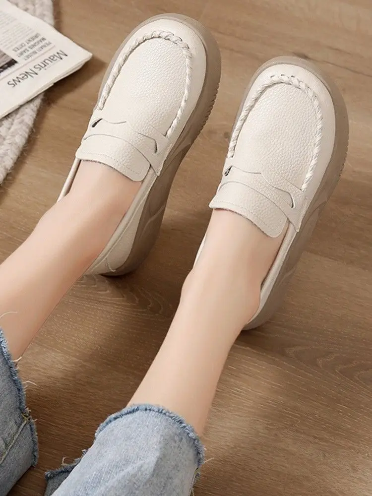 Obuwie damskie Niskie skórzane buty na platformie dla kobiet Loafers White Casual Daily Routine Jesienna oferta Koreańska moda 2024