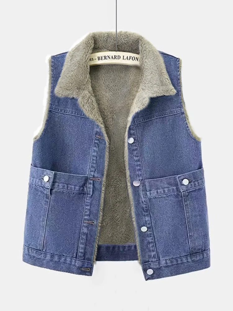 

2025 Plush Lined Cargo Vest for Women, Winter Oversized Pocket Denim Jacket, Thickened & Cozy