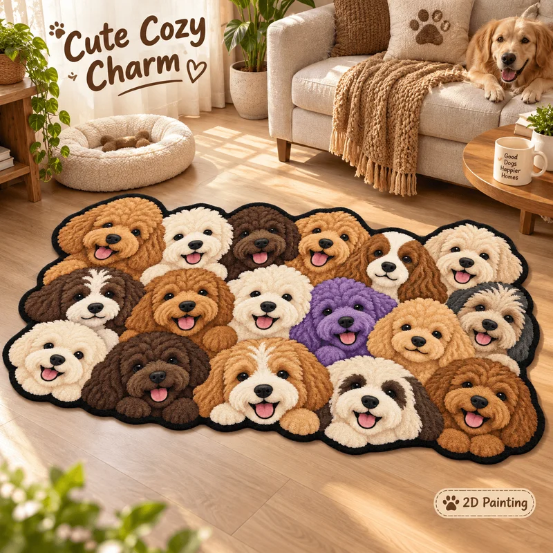 VIKAMA Cute Dog Rug Fluffy Dog Face Soft Fur Anti Slip Entrance Floor Mat Bedroom Home Decor Cute Animal Shaped Carpet Entryway