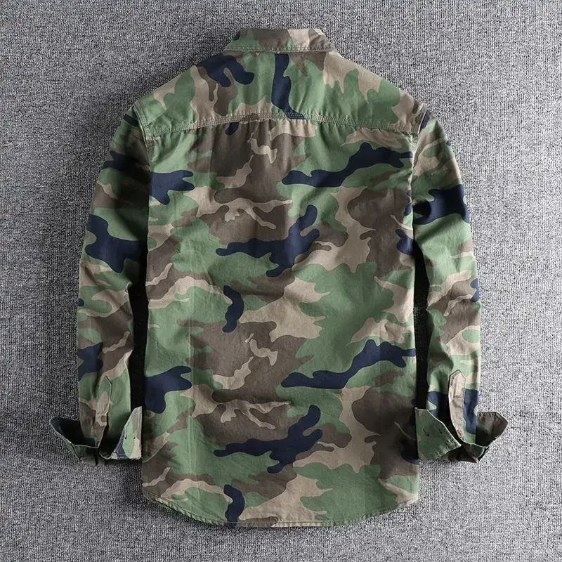 Trendy American Style Long Sleeve Casual Loose-fit Top For Men Double Pocket Outside Clothing Washing Camouflage Shirt