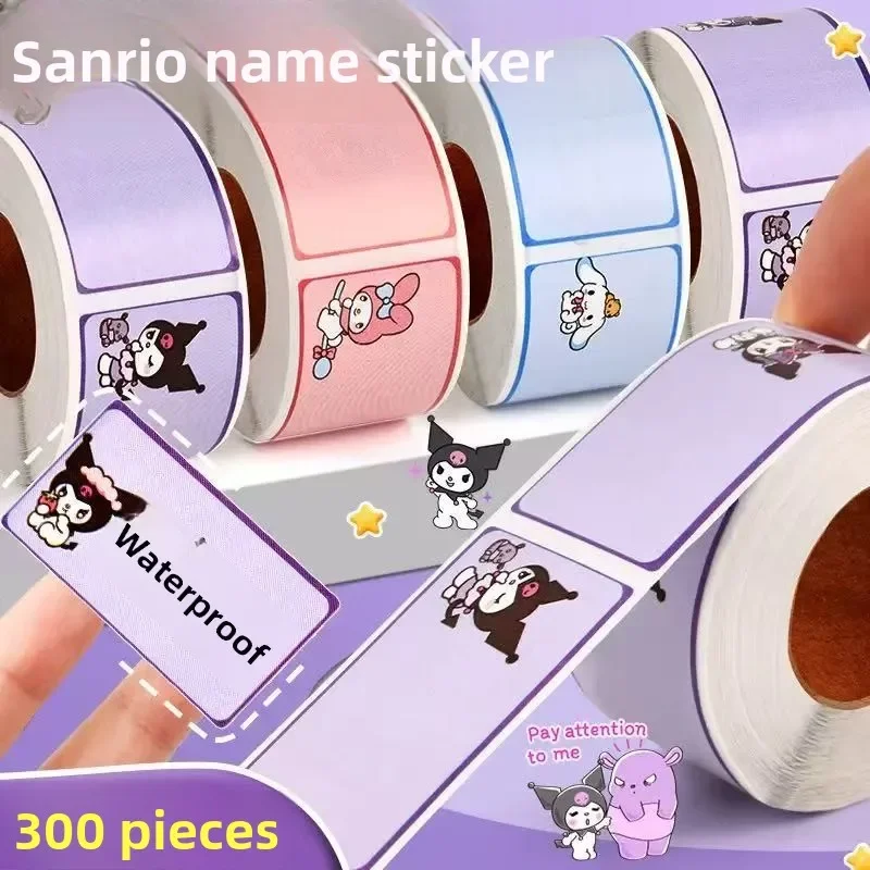 Pegatinas con nombre tipo rollo Sanrio, pegatinas para estudiantes, pegatinas autoadhesivas, pegatinas de papelería manuscritas de alto valor, 300 pegatinas