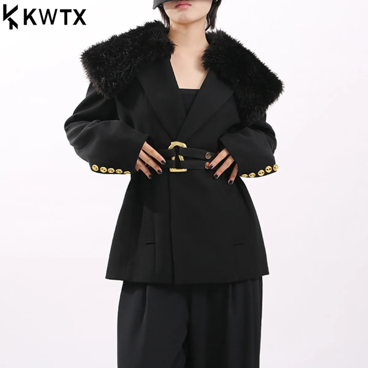 

KWTX Women's Black Trench Coat Faux Fur Collar Belted Waist Short Style Casual Elegant Vintage Designer Autumn Winter 2025 New