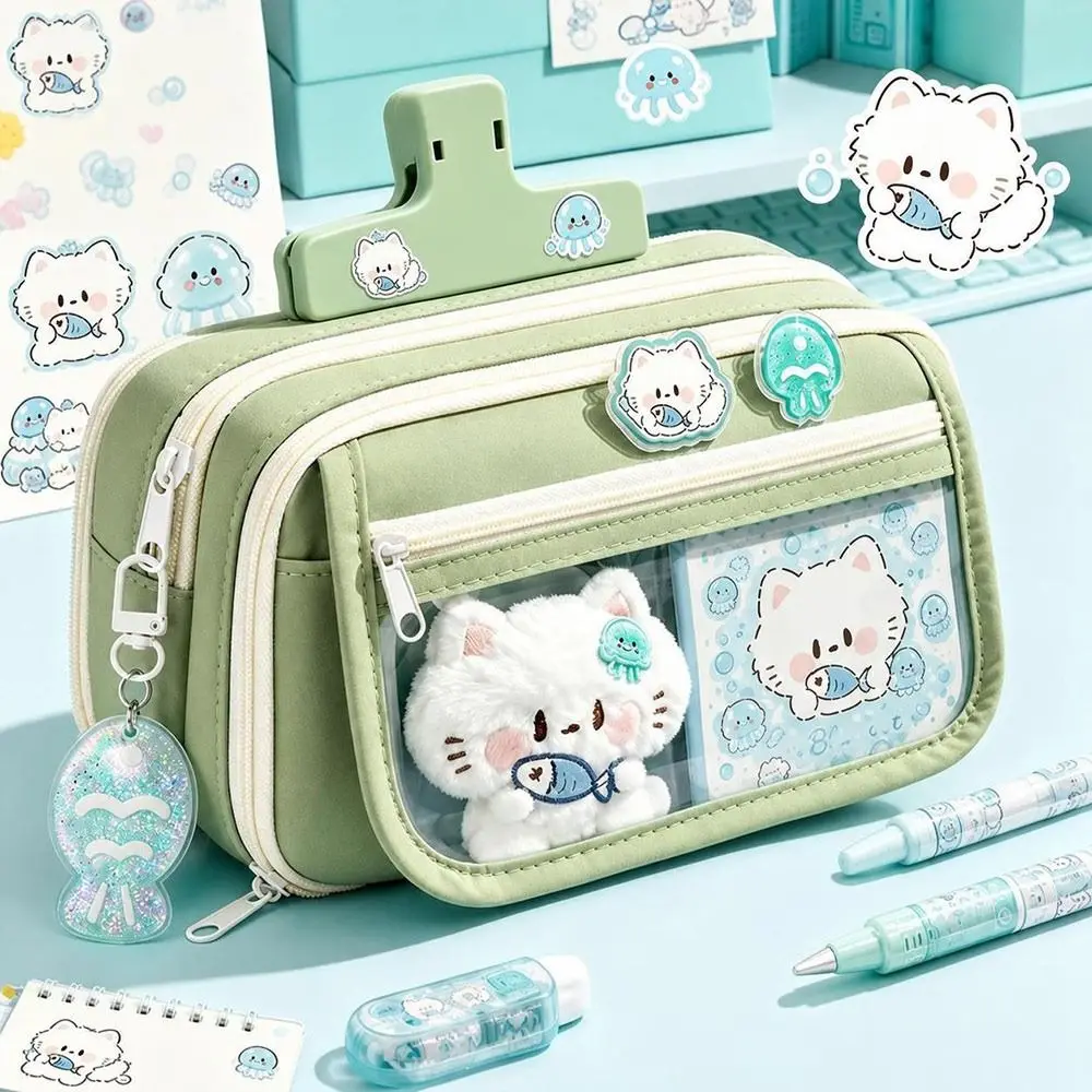 New Large Capacity Pencil Case Transparent Multi-Pockets Pen Bag Butterfly Print Pencil Pouch