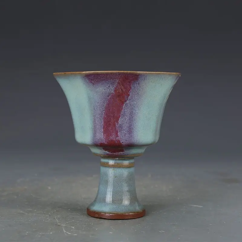 Jun Kiln Sky Blue Purple Splashed High Stem Goblet Chinese Antique Porcelain Collectible Decor