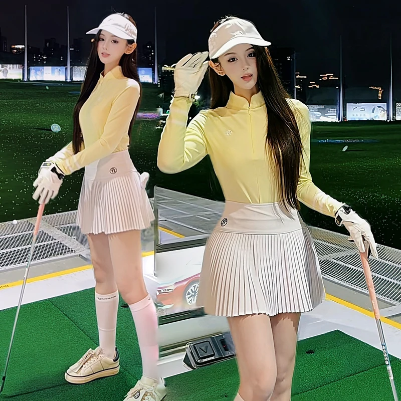 PL Winter Golf Women's Zipper Collar Shirts Warm Fleece Long-sleeved Tops Ladies High-waisted Pleated Skirt Retro Tennis Skort