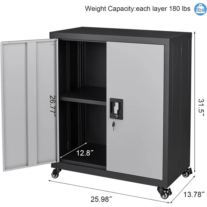 31.5''H Metal Storage Cabinet with Wheels,Garage Storage Cabinet with Lock,Lockable Steel Rolling Tool Chest with Doors