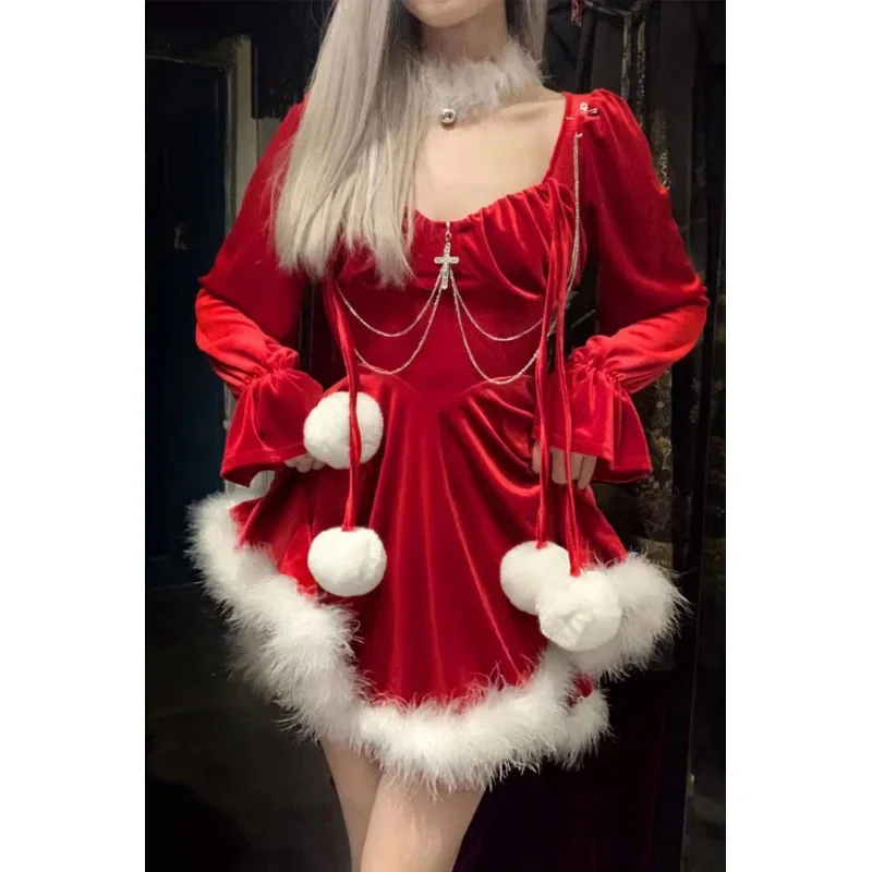 Vestido Punk Lolita de felpa con volantes y retales para niña, vestido con alas de manga larga, cosplay de Ángel de anime, uniforme de Navidad de Papá Noel, envío directo