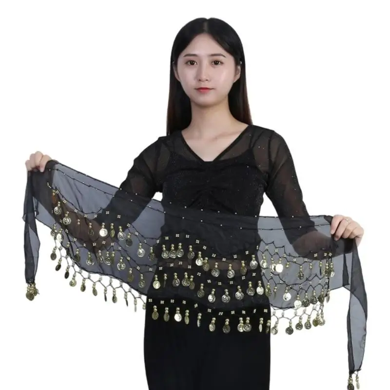 39BD ベリーダンスヒップスカーフ、シフォンベリーダンスヒップスカーフベルト、72/98ゴールドコイン付き、ヨガクラスベリーダンススカートラップ用