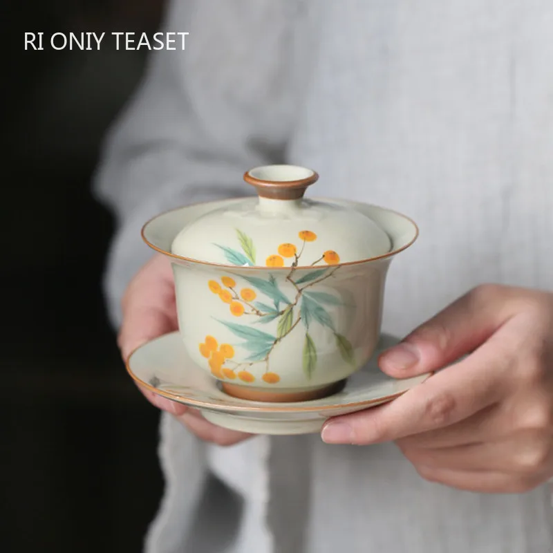 Chinese Handmade Ceramic Gaiwan Exquisite Hand-painted Loquat Porcelain Tea Tureen Teacup Household Tea Bowl Travel Teaware