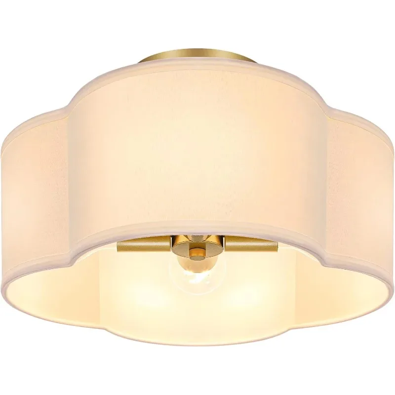 Gold Modern Close to Ceiling Lamp with White Fabric Shade, Farmhouse Bright Lighting Brass Finish for Nursery Kids