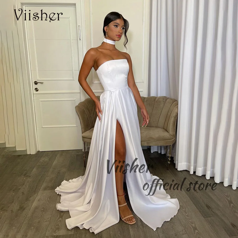 

White Satin Strapless A Line Wedding Dresses High Split Draped Long Bridal Gowns Simple Civil Bridesmaid Wedding Dress