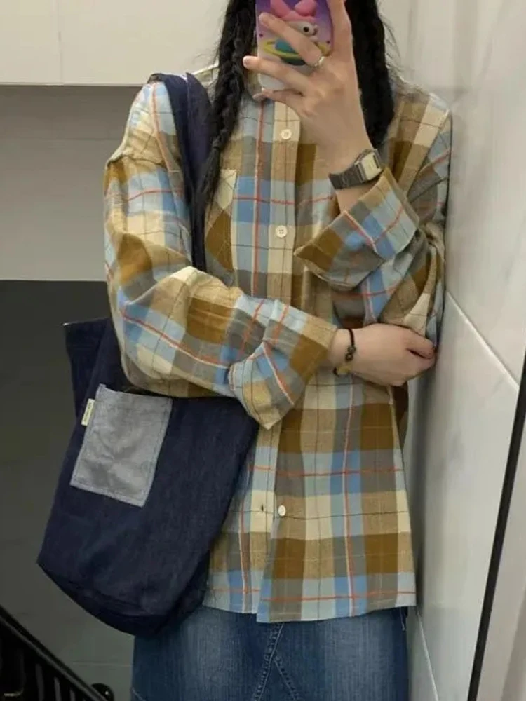 

Американская клетчатая рубашка в стиле Харадзюку, женская свободная осенняя винтажная уличная одежда, блузка Y2K, повседневная блузка с длинным рукавом в стиле хип-хоп, ретро, универсальные топы