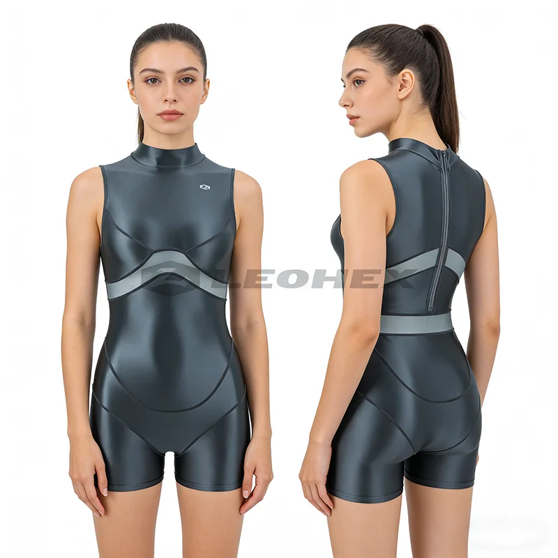 

LEOHEX Glossy women High Neck one-piece Swimsuit Mesh Patchwork Bodysuit Spandex Shiny Boyleg Tight Swimwear Yoga Bathing Suit