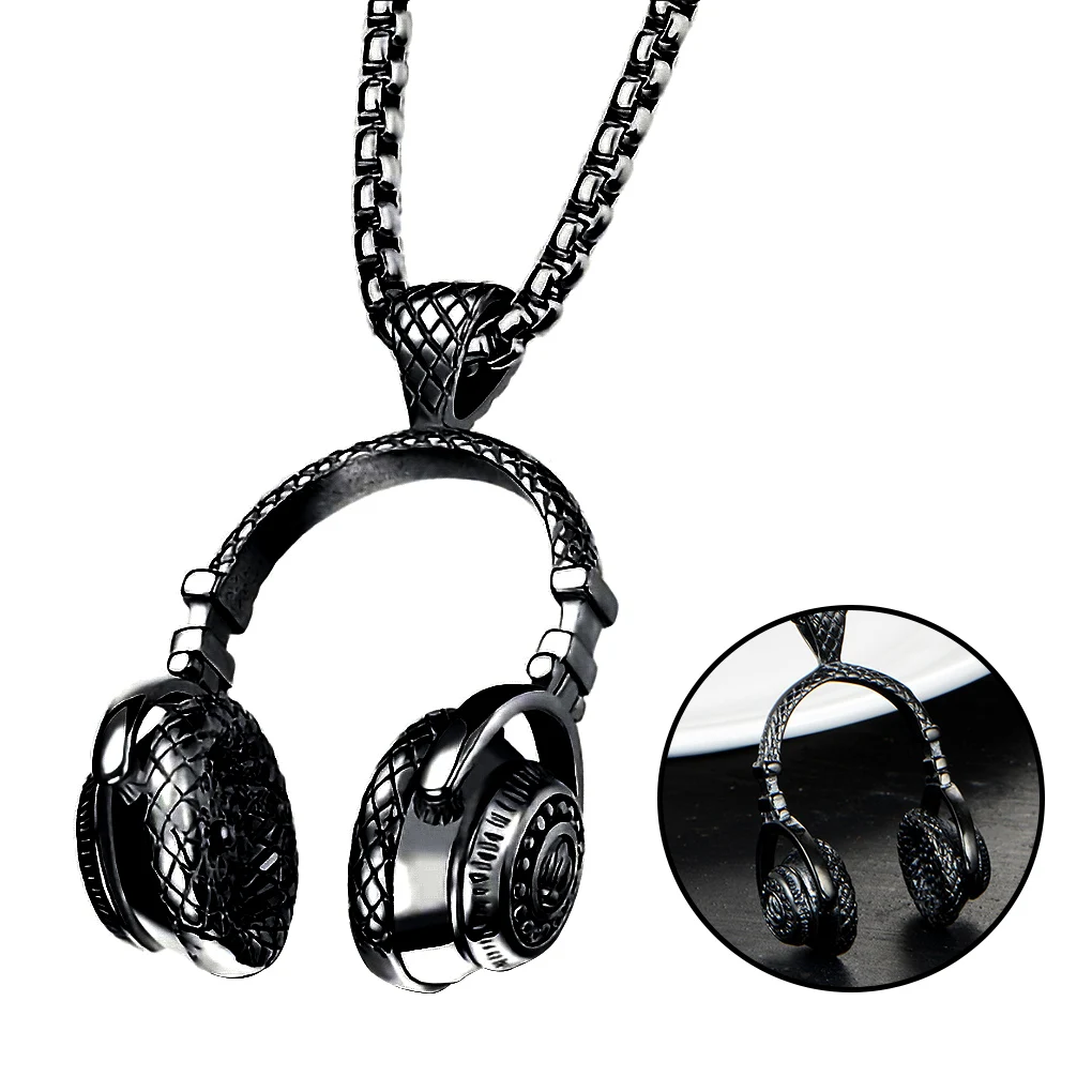 

DJ Music Headphone Pendant Necklace Long Neck Chain Men Women Hip Hop Rock Jewelry Gift, Black