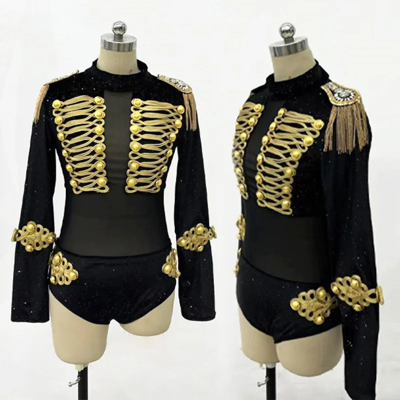 Gogo Danser Kleding Zwart Goud Toneelkostuum Nachtclub Party Show Outfit Vrouwen Prestaties Kleding Lange Mouw Bodysuit 4368