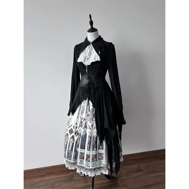Gothic Ruffles Black Shirts Women Kawaii Lolita Cutecore Bandage White Blouses Japanese Vintage Harajuku Long Sleeve Slim Tops view 6