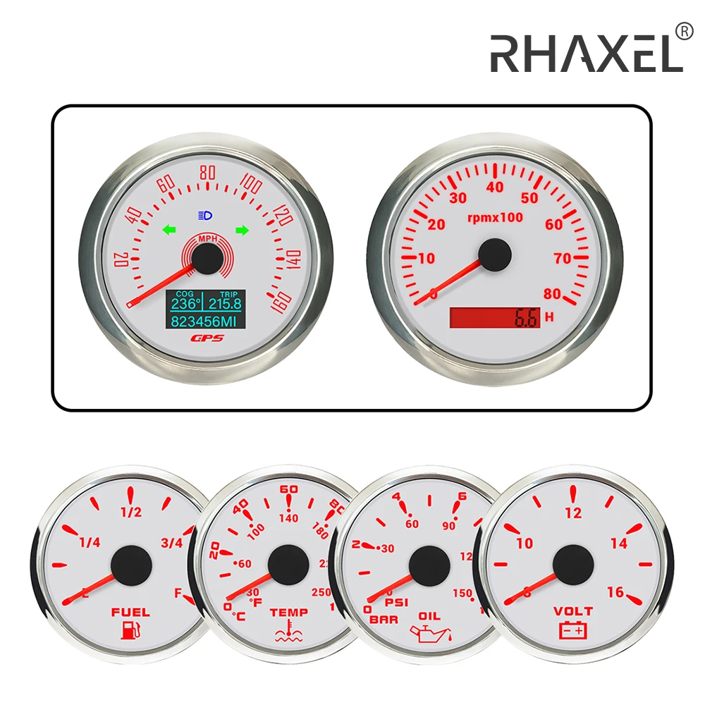 RHAXEL 6 Gauge Set 85mm (3 3/8'') GPS Speedometer Odometer Tachometer Fuel Level Water Temp. Oil Presseure Voltmeter 12V for RV