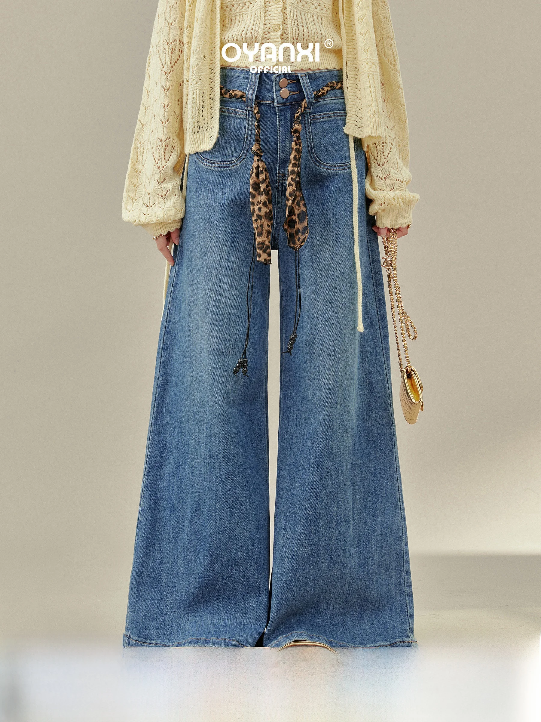 

High Waist Wide Leg Straight Cut Jeans Women's Autumn New Loose Fit Casual Trousers by Wang Xue Knitted Fabric No Stretch