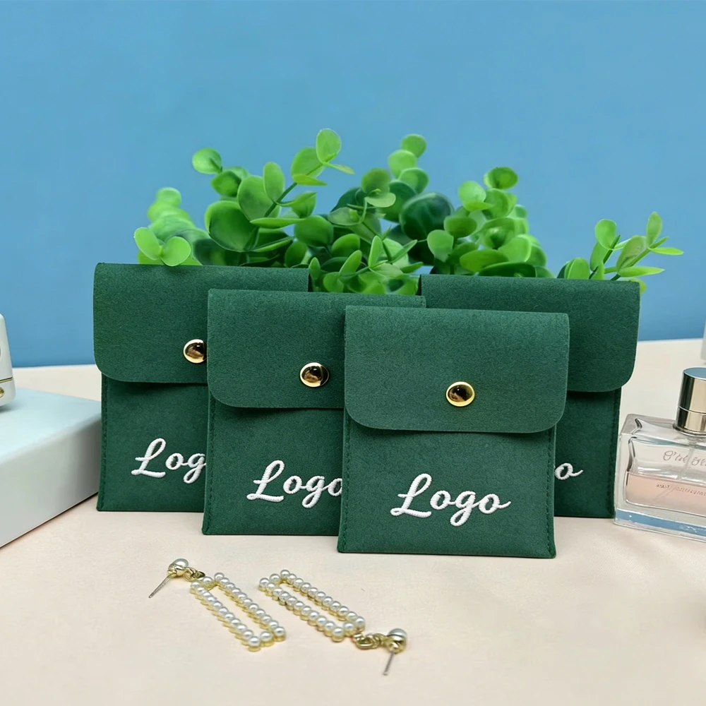 

Custom Logo Green Microfiber Jewelry Bag Snap Button Suede Velvet Pouch for Rings Earrings Necklace Wedding Gift Organizer Box