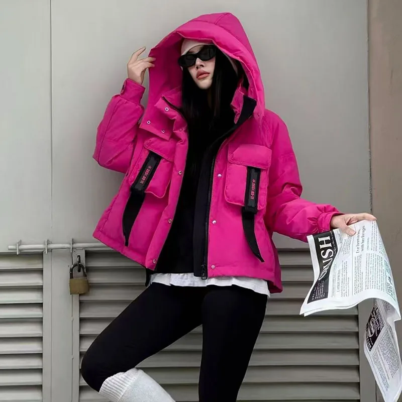 Daunenjacke mit Kapuze, Damenbekleidung, 2025, neues Spleißen, modisch, vielseitig, kurz, locker, Damen-Daunenjacke, weiblich, Parker H567