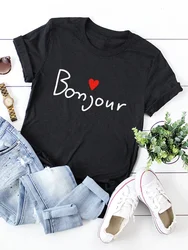 Bonjour-Camiseta con estampado de corazón para Mujer, blusa holgada de manga corta con cuello redondo, ropa para Mujer