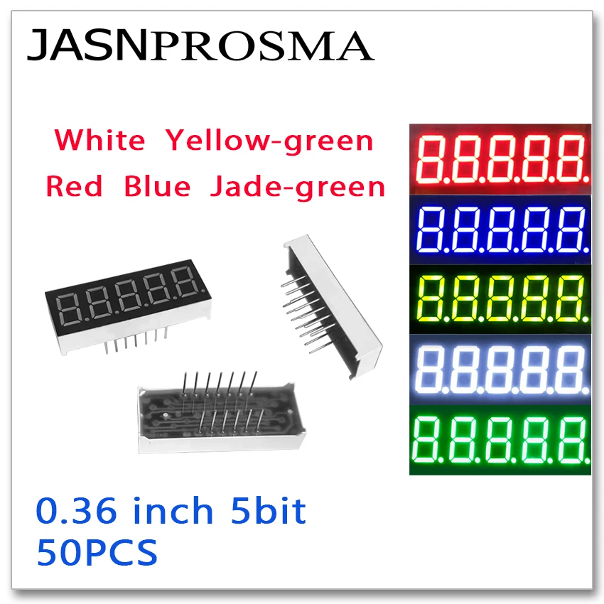 JASNPROSMA 50PCS 0.36 inch 5 bit digit Tube red blue white jade yellow green Common Cathode Anode LED Display 0.36inch 7 Segment