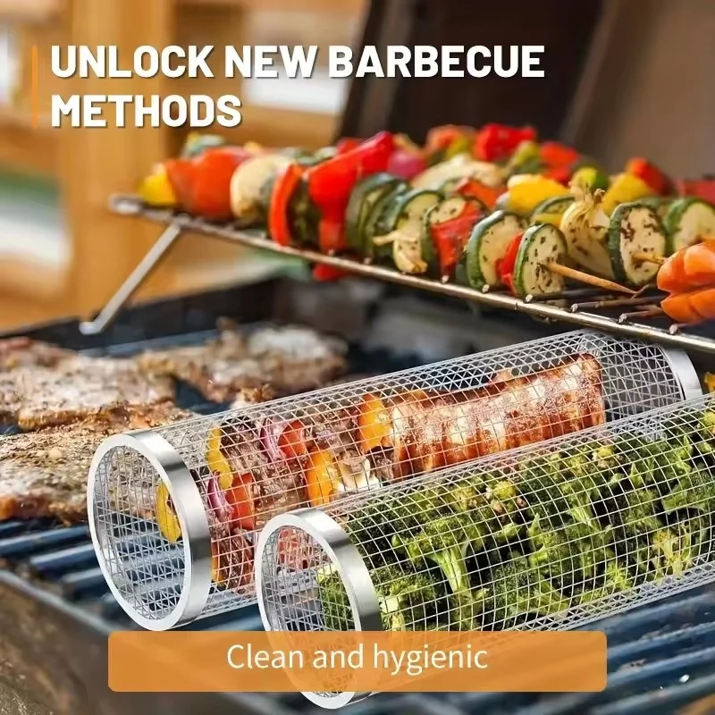 

Stainless Steel Rolling Grill Basket Perfect for Grilling Vegetables Fish Shrimp Portable Round Barbecue Rack for Camping Picnic