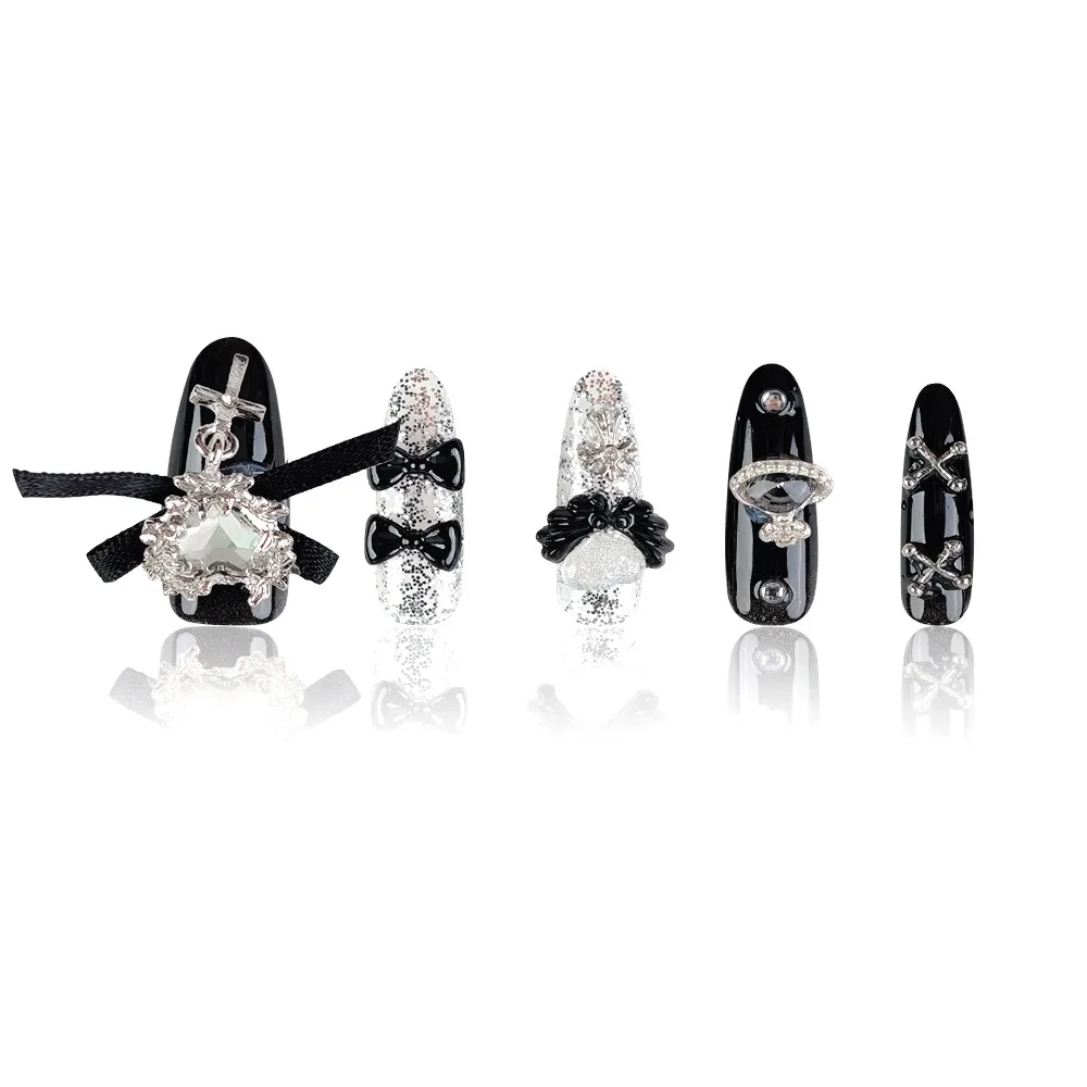 Y2K Heart Bow Press on Nails – 10 punte per unghie in gel lucido fatte a mano, set di unghie indossabili stile Millennium Baddie