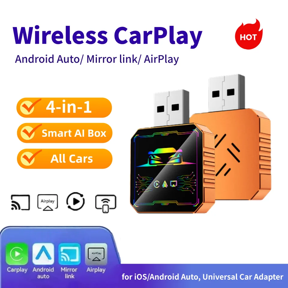 

Беспроводной адаптер 4-в-1 для Android CarPlay: зеркалирование экрана на автомагнитолу для IOS/Android Auto, USB-донгл с поддержкой Airplay