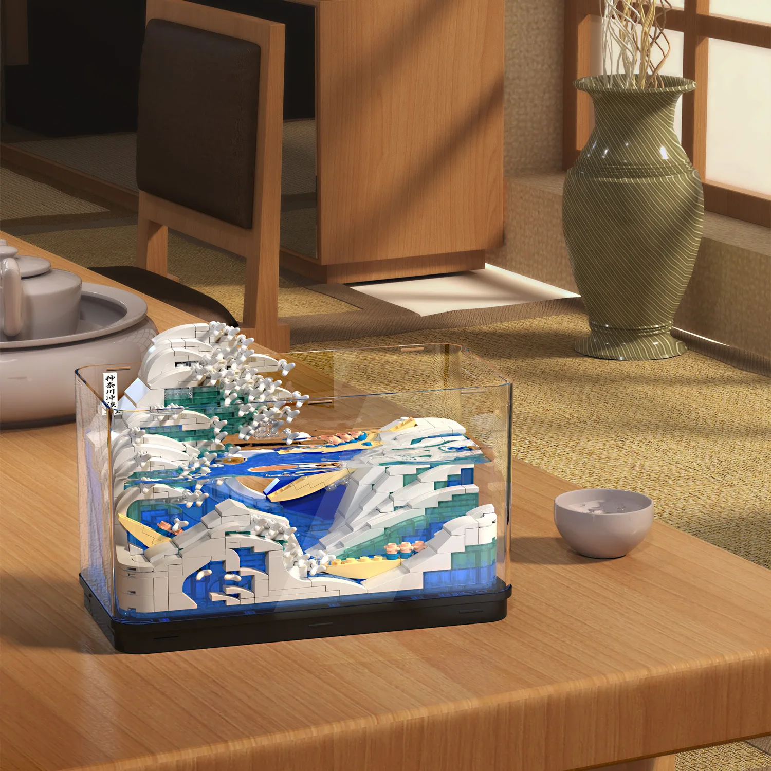 Famous Paintings Fishbowl Micro Diamond Block Japan Ukiyoe Toys The Great Wave Off Kanagawa Fish Tank Mini Build Brick With Led