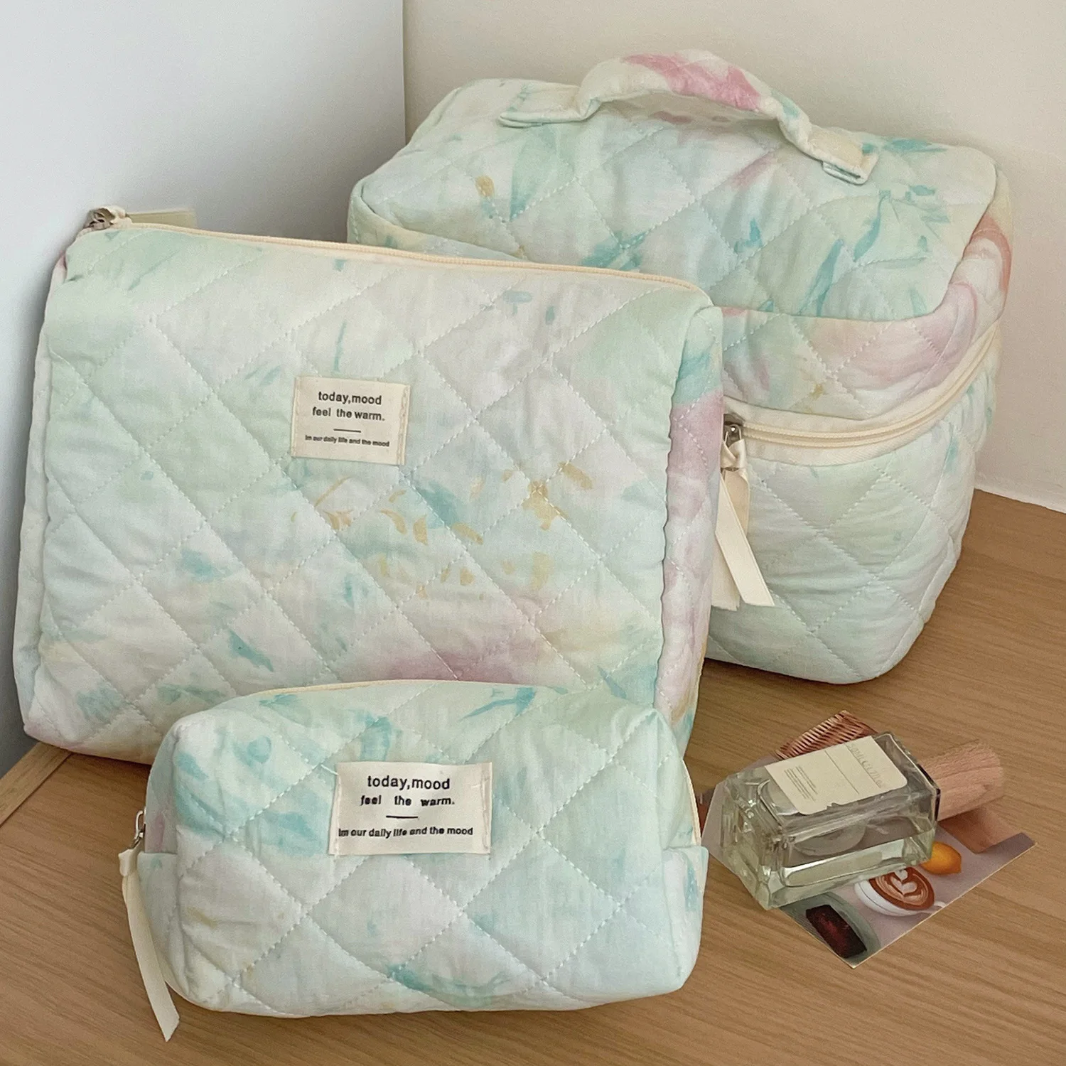 Borsa per il trucco trapuntata da viaggio grande per le donne, borsa per cosmetici in cotone floreale, borsa per l\'organizzatore di articoli da