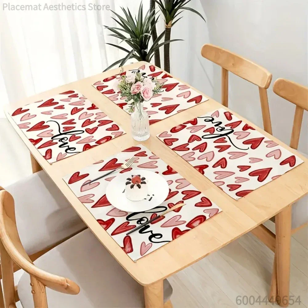 Pink Heart Shape Linen Placemats Rectangle Placemats Kitchen Table Dish Mats Tableware Mats Durable for Daily Memorial Day Use