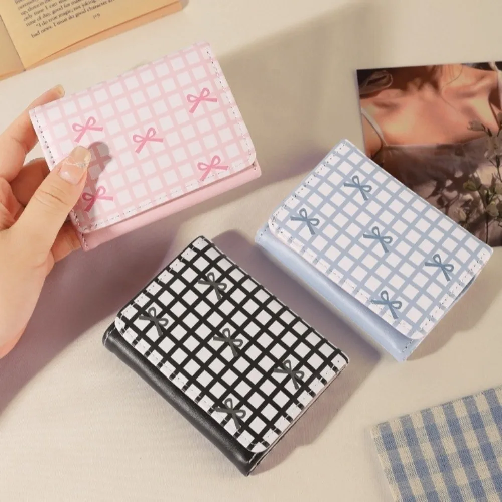 Cute PU Leather Short Wallet Multi Card Slot Foldable Coin Purse Grid Bow Print Card Holder