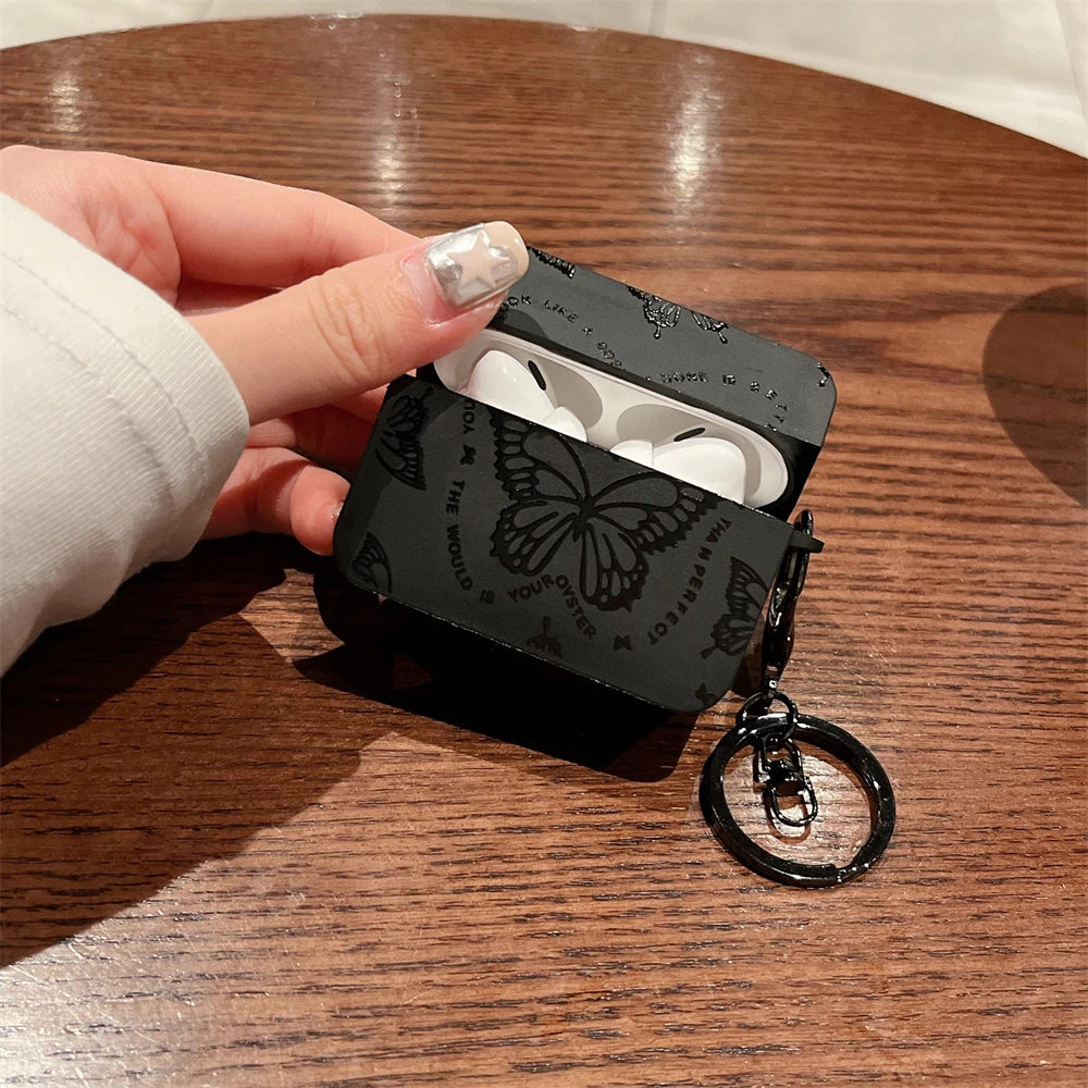 Luxury Black Butterfly Earphone Case For Airpods 3 With Keychain Bluetooth Headset Protective Case For Airpods 1 2 Pro 2 Cover