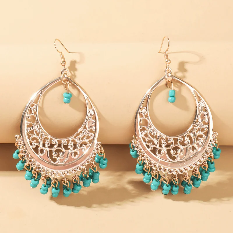 Bohemian Earrings Spliced Circle Matte Color-Block Stud Earrings Elegant Personality Rice Bead Tassel Trendy Women's Earrings