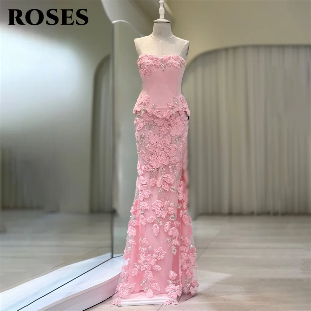 ROSES Pink Evening Dress Strapless Sleeveless Formal Gown Beading On Chest Night Dresses Trumpet Prom Dresses Customized