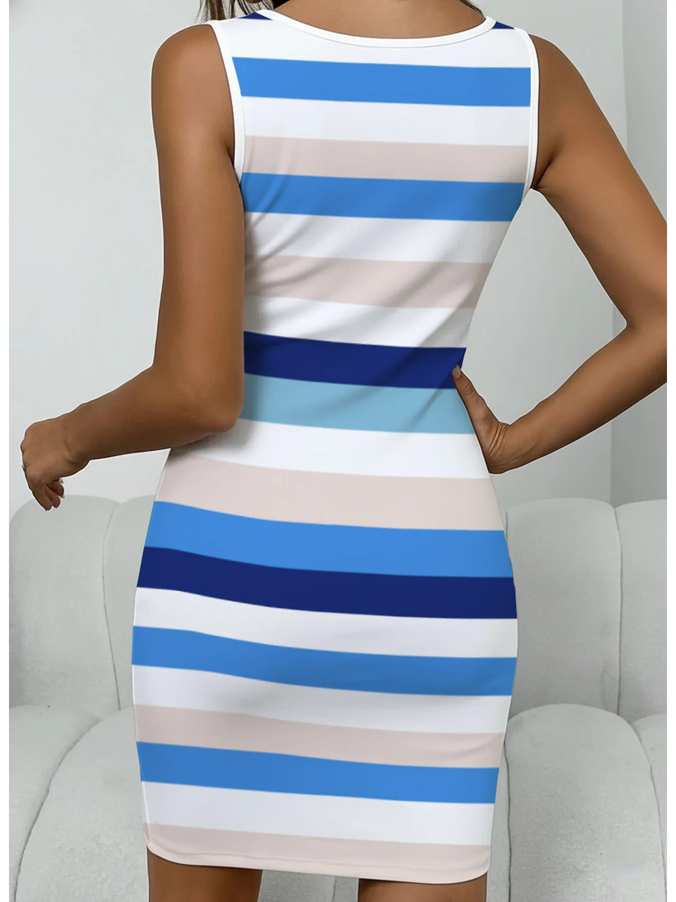 Summer Casual Fashionable Waist Cinched Square Collar Button Wide Striped Sleeveless Mid-Length Dress
