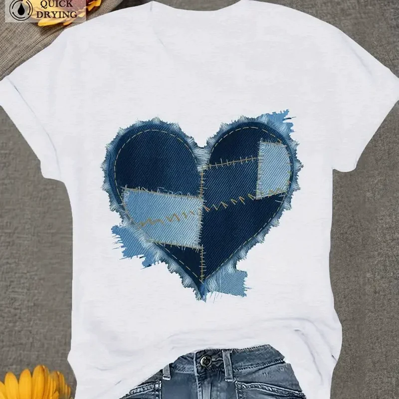Blue Heart-Shaped Trendy Style Women's T-shirt Funny Cartoon Short-Sleeved Graphic T-Shirt Fashion Print for Casual Wear