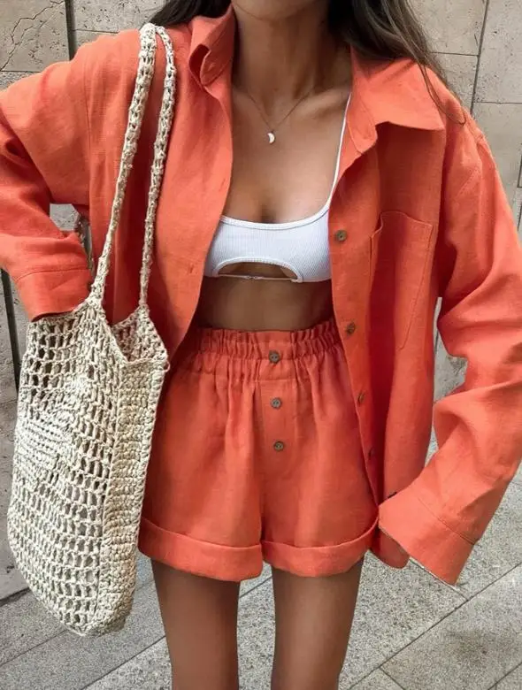 

Two Piece Set Women Outfit 2026 Spring Summer Turn-Down Collar Long Sleeve Loose Fit Shirt & High Waist Casual Shorts Set