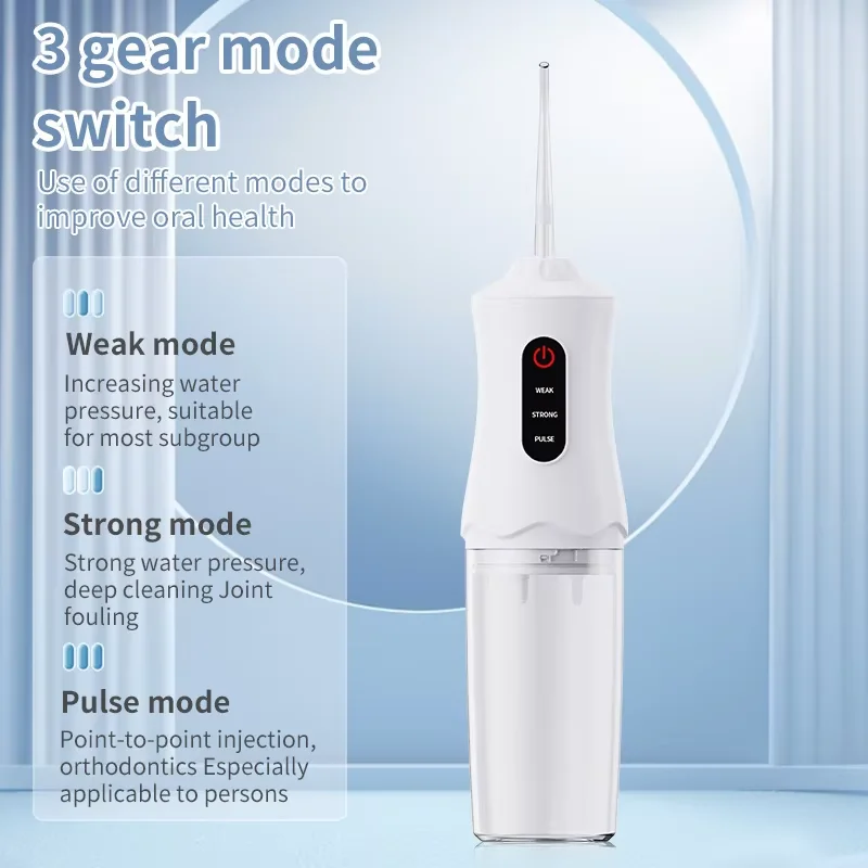 

Ирригатор для полости рта Портативная стоматологическая водная нить USB Перезаряжаемая водоструйная нить Зубочистка 4 струйных наконечника 220 мл 3 режима IPX7 1400 об/мин