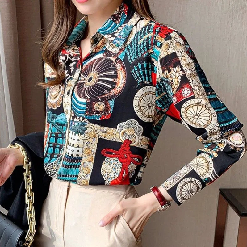 Vintage Folk Style Printed Shirt Fashion Women\'s Clothing Spring Autumn All-match Long Sleeve Button Turn-down Collar Blouse