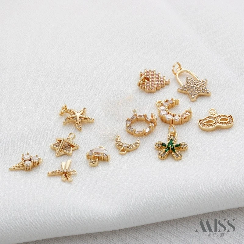 14K Gold Plated Micro Paved Zircon Collection - Heart, Moon & Star Pendants for DIY Bracelets & Necklaces Jewelry Findings