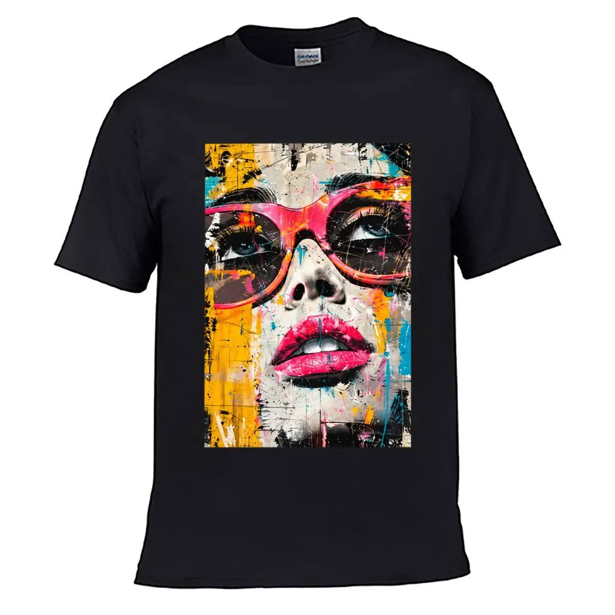 Graffiti Pop Art Woman Face Pink Sunglasses Lips Street Distressed Washed Loose Simple Tee