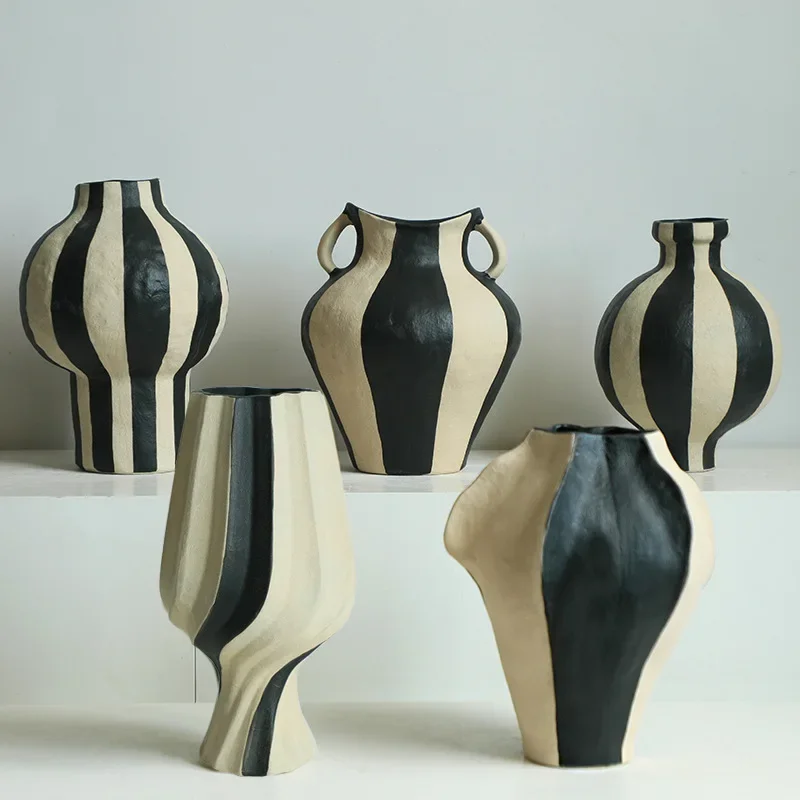 Ceramic Vase Geometric Pattern Earthenware Jar Flower Vase Handmade Pot Flowerpot Home Decoration Accessories Vases Pots