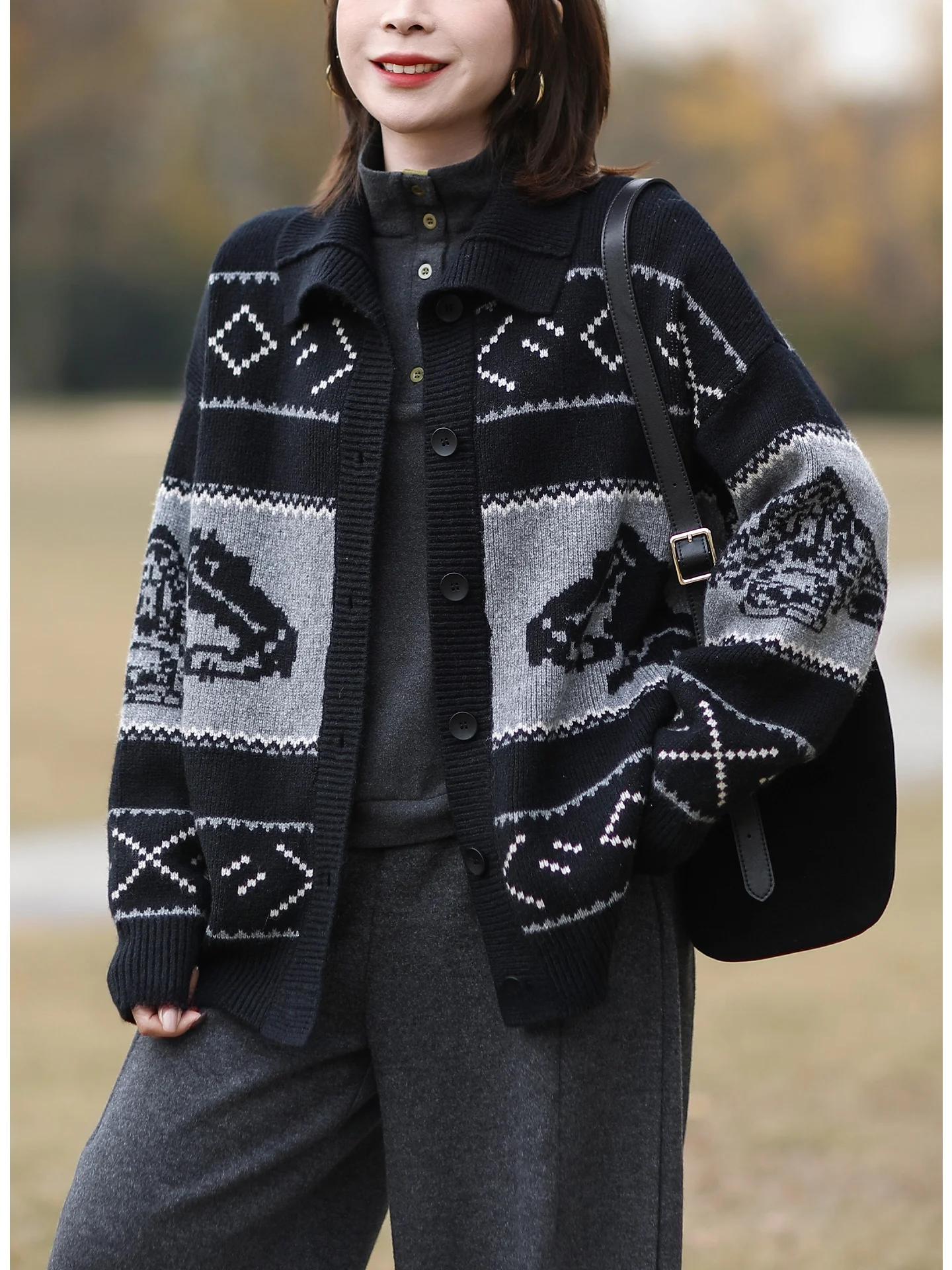 

Thiened Knitted Sweater Coat Women's Winter Faion Artistic Retro Fair Isle Pattern Warm Outerwear Long Sve round Ne
