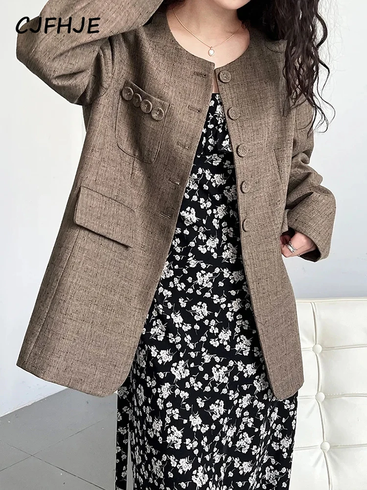 CJFHJE New Chinese-style Coffee Suit Jacket Women Autumn Winter Beige Casual Office Lady Blazers Single-breasted O-neck Outcoats