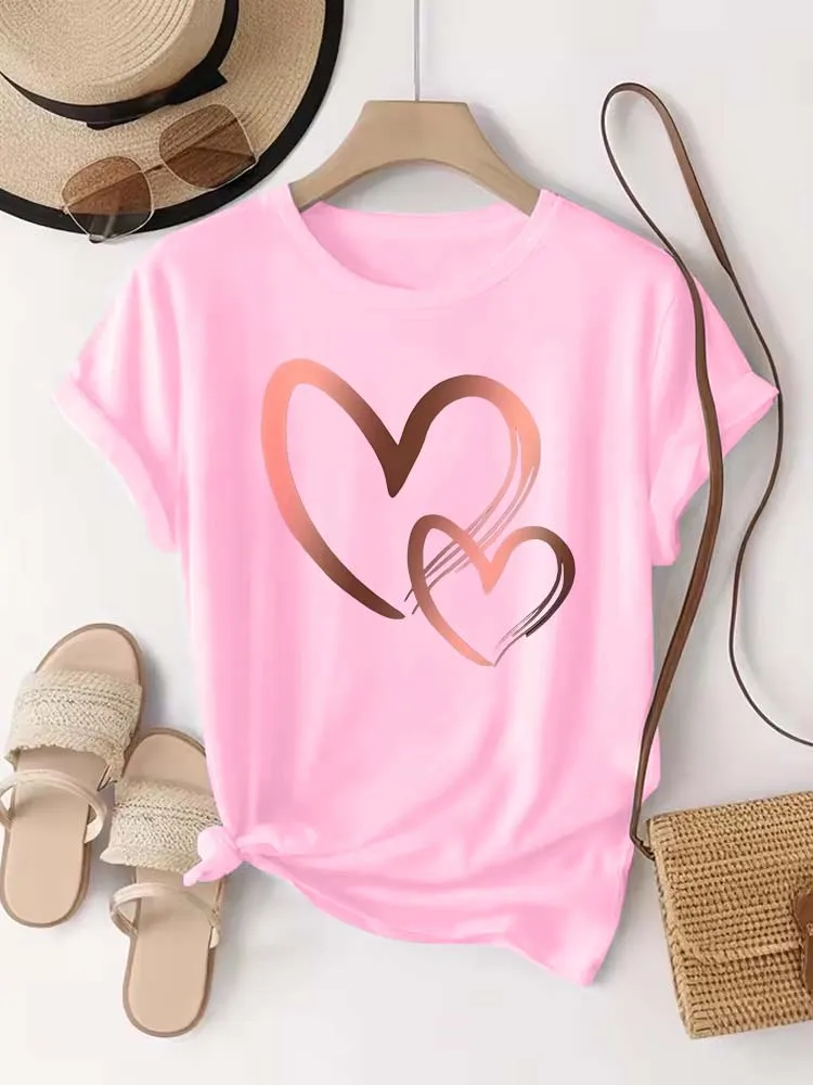 Summer New Fashion Women's Heart Printed T-shirt Trendy Casual Round Neck Top Short Sleeves Women T-shirt Women Clothing image 2
