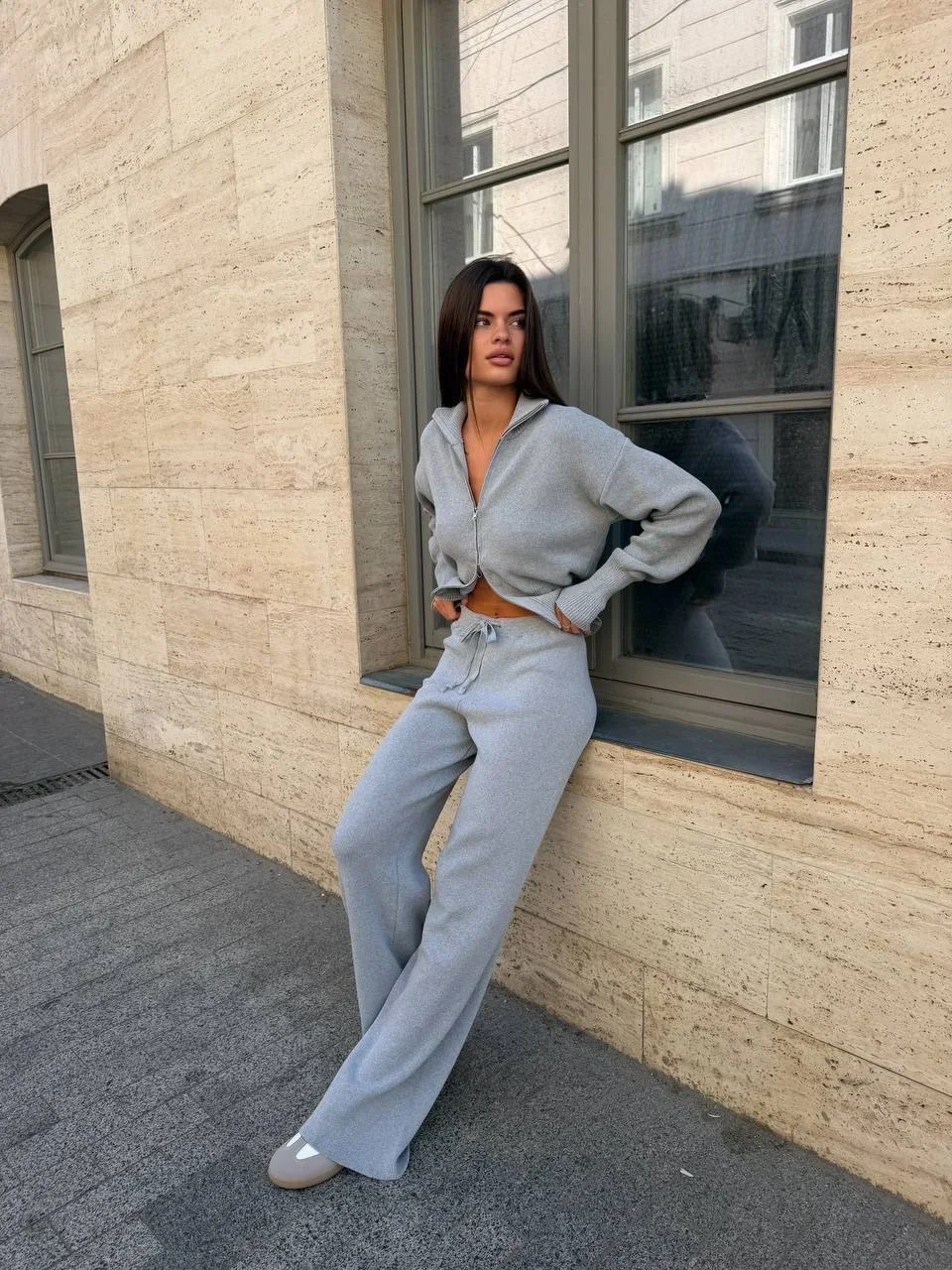Solid Color Zipper Waist Cinching Casual Set Knitted Top Drawstring Straight Leg Pants 2-piece Sets 2026 Autumn Lady Daily Wear
